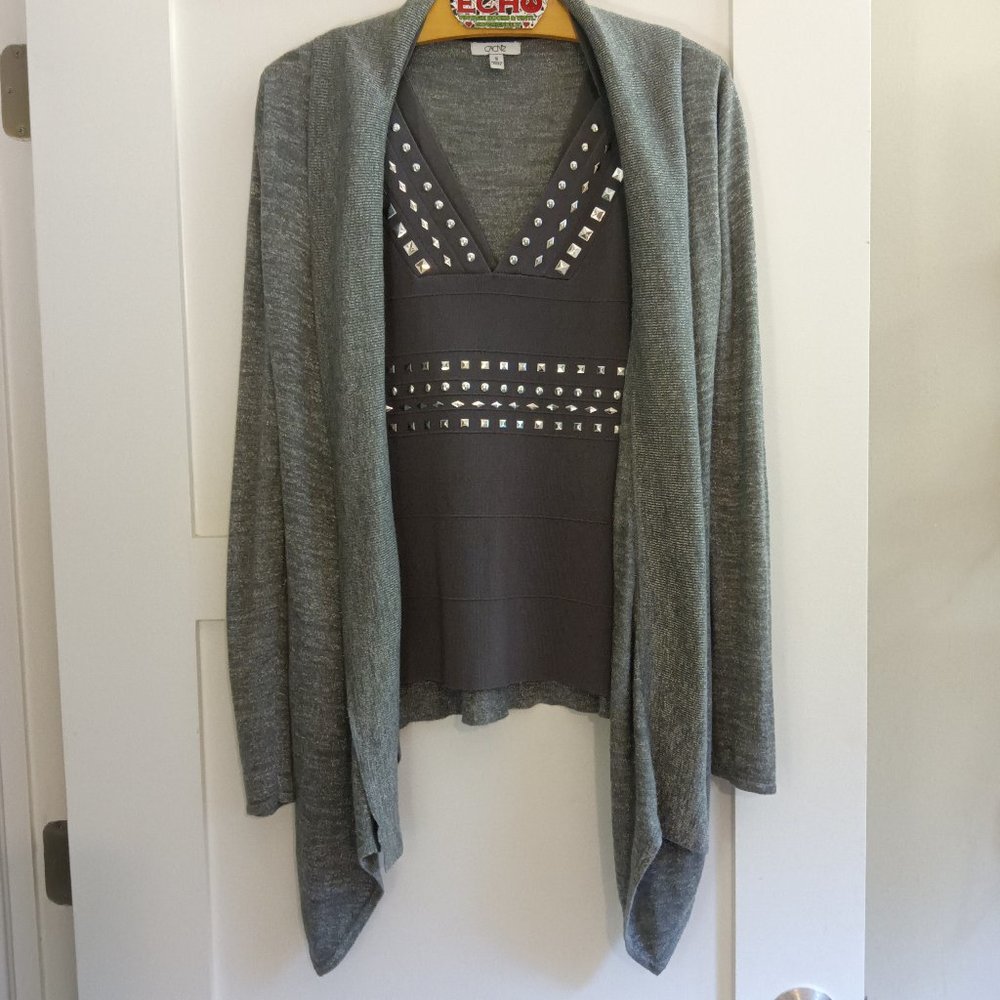 Cache Grey V-Neck Strappy Knit Silver Studded Tank and Matching Cardigan - Picture 2 of 9